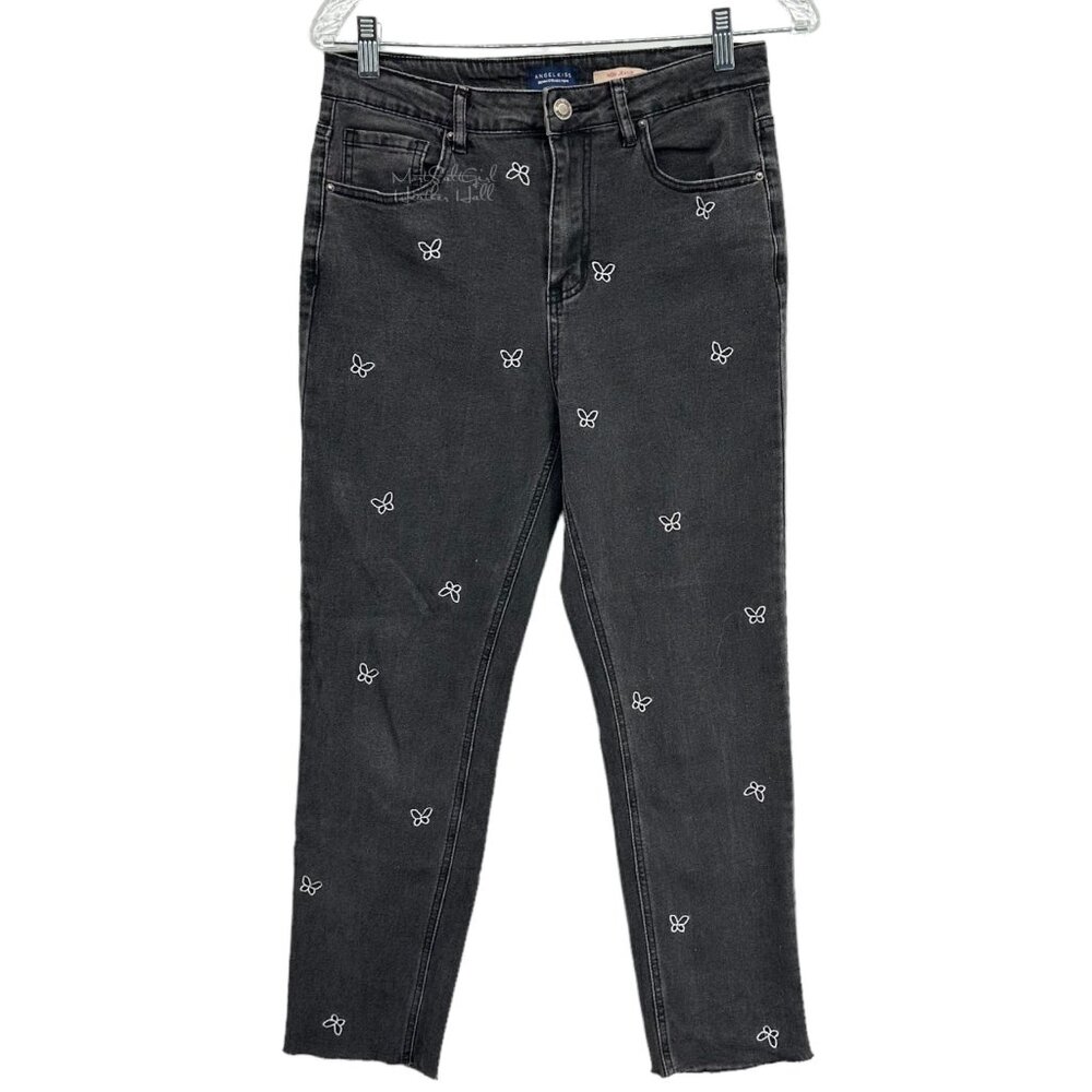 Angel Kiss Denim Collection Butterfly Embroidered Cropped Mom Jeans Size 7 Jun